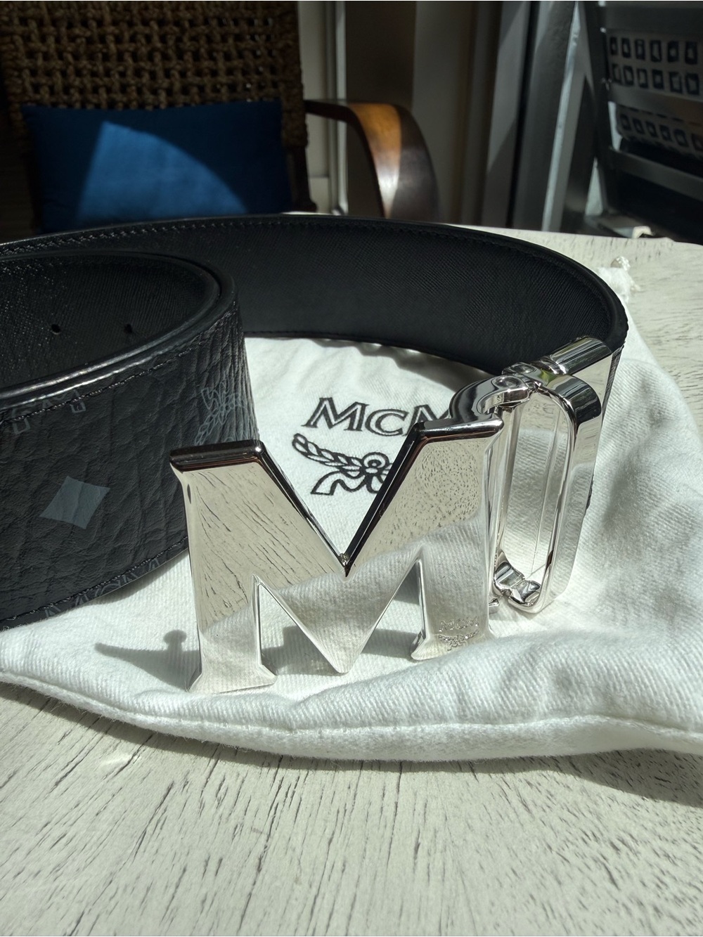 MCM Men’s Claus Reversible Black Leather Belt with Silver M Logo Buckle